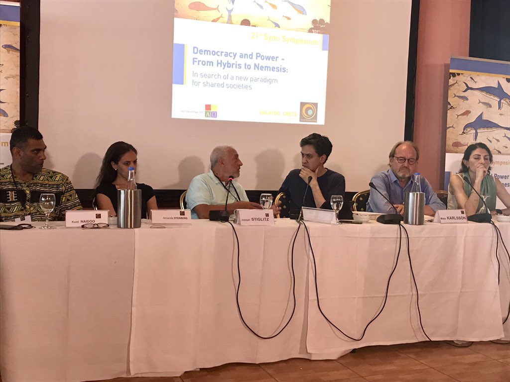 Rim_Turkmani's tweet photo. Best start of the day: listening to stimulating debate between @JosephEStiglitz @Ed_Miliband @kuminaidoo @AmandaSteinberg @ranacelal and Mats Karlsson around Stiglitz last book #PeoplePowerProfits @SymiSymposium in Crete https://t.co/oe9qcMwoUV