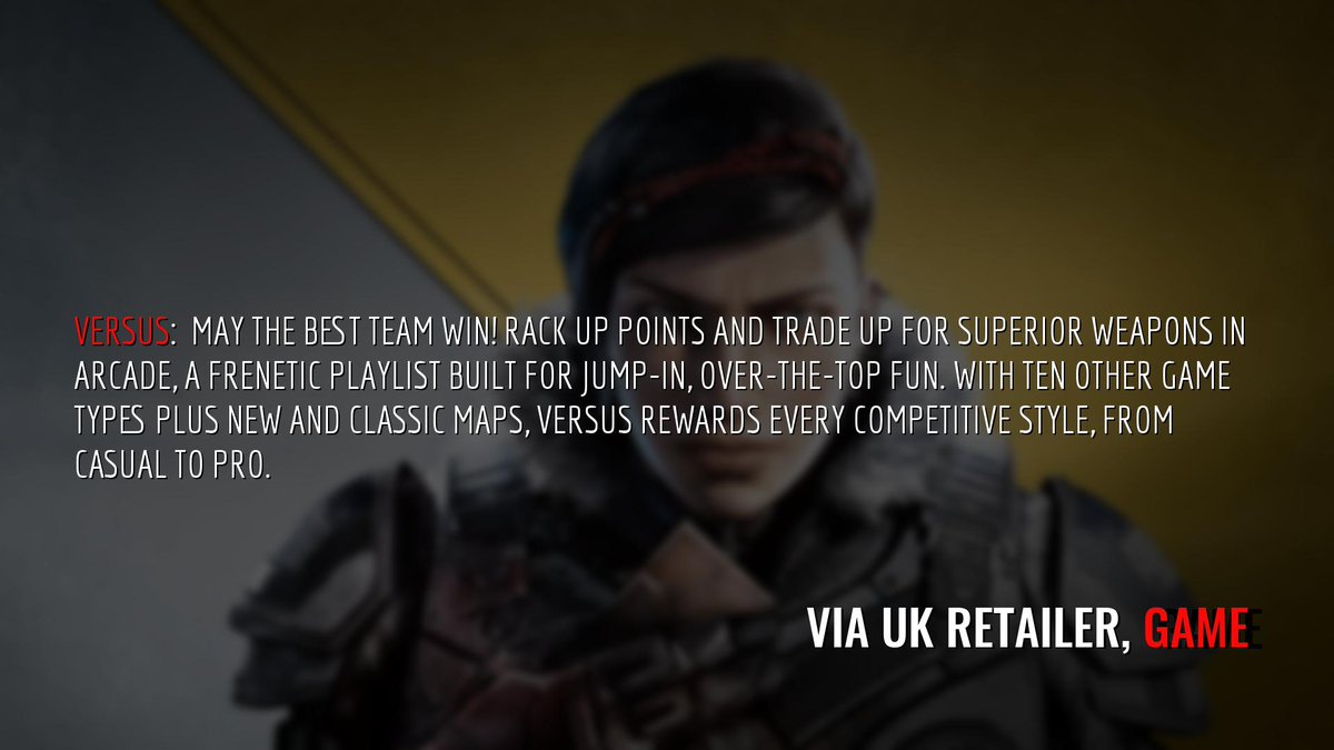 GowDeclassified's tweet photo. A small snippet of #Gears5 Versus info teased, including the brand new mode Arcade!

- Arcade Mode to feature purchasable weapons by building up points.

- Classic Maps from Gears Past to return alongside new maps.

- Gears 5 Versus to feature 10 other game modes. https://t.co/jYoivAEK77