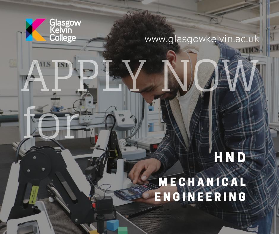 GKCollege's tweet photo. MECHANICAL ENGINEERING HND
PUT DESIGNS ON YOUR FUTURE!
This two-year course allows you to study mechanical engineering to SCQF level 8.
For more info and to apply - https://t.co/B9d8rwdPVM
PLEASE SHARE
#Study2019 https://t.co/O8bK3fJsXh