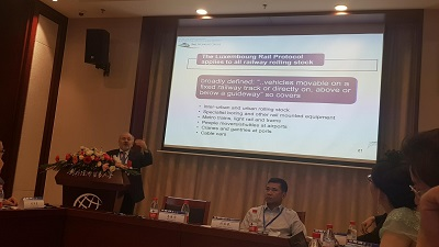 AfroRail's tweet photo. Our partner for October #RailwayFinancing conference and exhibition,Railway Working Group Chairman,Howard Rosen gives a presentation on the Luxembourg #Rail Protocol at a special Cape Town Convention seminar on 8th July at @UibeChina in #Beijing https://t.co/0kUrBHvF8Z