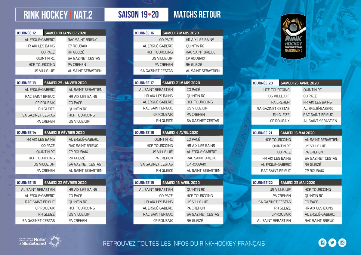 🔥 Calendrier 2019-2020 - N2 🏑🥅

👉 Le calendrier N2 pour la saison 2019-2020 est sorti !
🏁 Début du championnat le samedi 5 octobre 2019 !