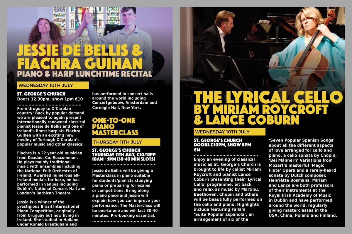 Today is Day 1 of Carrick <a href="/WaterMusicFest/">Water Music Fest</a> !

1pm: Jessie De Bellis &amp; Fiachra Guihen Piano &amp; Harp recital • St George’s Church, €10

7pm: Festival Opening Reception, St. Georges’s Church: refreshments &amp; entertainment - FREE

8pm: The Lyrical Cello @ St George’s Church €14