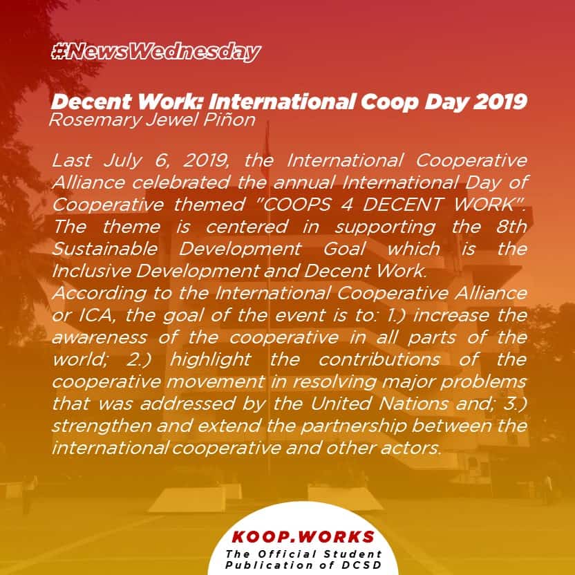KoopWorks_'s tweet photo. Decent Work: International Coop Day 2019
By Rosemary Jewel Piñon
#NewsWednesday
#CooperativismThroughOutstandingJournalism https://t.co/YHUu7FsaJ1
