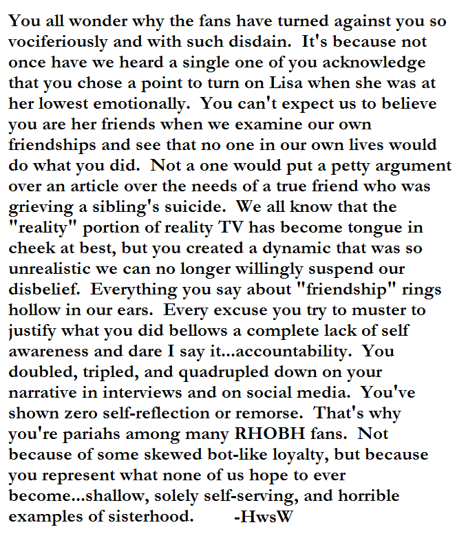 JenBennX's tweet photo. Open letter to the remaining cast members of #RHOBH:
#ClosureAfterAWretchedSeason https://t.co/SDZpzJVAaR
