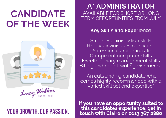 ClaireH_LWR's tweet photo. Temp of the Week.  Superb Administrator, available from Monday 15th and looking for reception/administration based roles.  Give me a call to find out more, won't be free for long ! #lwr #temps #administrator #supertemp #leeds #leedsjobs https://t.co/MYQ3Dq8xFJ
