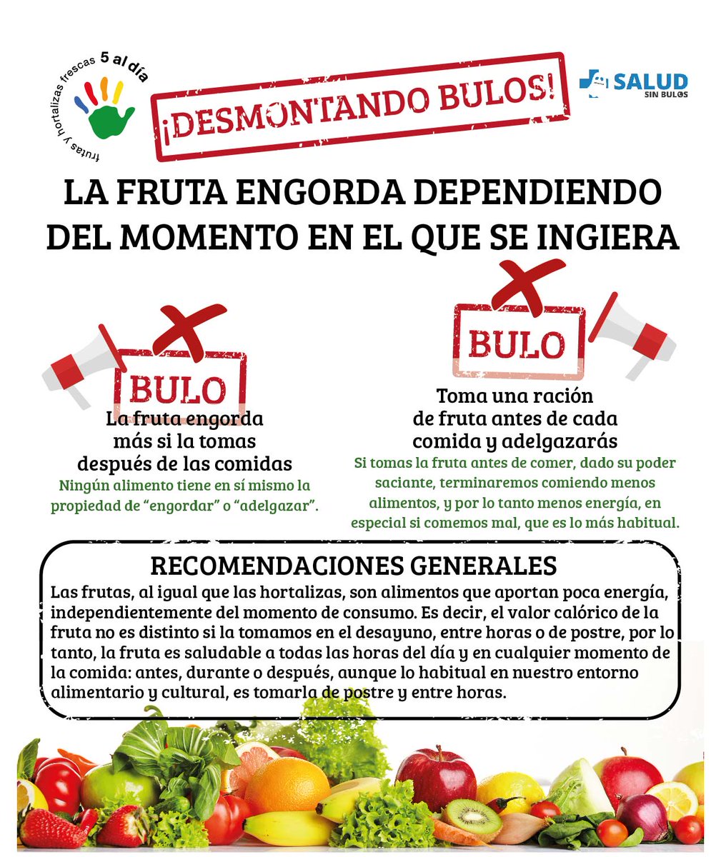 5aldiaspain's tweet photo. ¿Cuántas veces has escuchado que para adelgazar es mejor tomar la #fruta antes de comer? 🍒🍑🥑#5aldía junto a @SaludsinBulos se unen para desmontar mitos sobre #frutas y #hortalizas ❌ Pincha en este link para más info 👉 https://t.co/DXFVODZQbP 👈 #Practicael5 🖐 https://t.co/JVcBqoiJbU