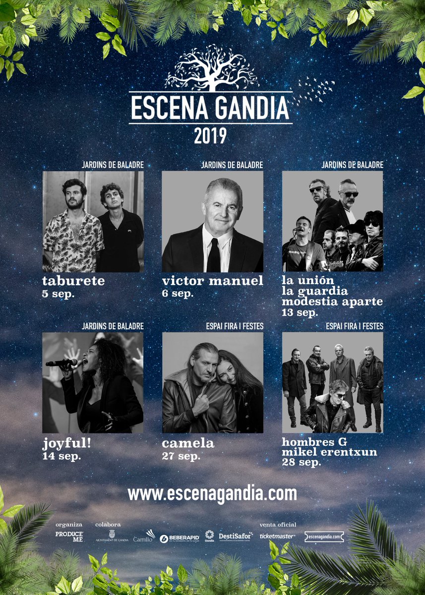 EscenaGandia's tweet photo. ¡A la venta en 👉 https://t.co/kWzqYWLvNB los conciertos de #Taburete #VictorManuel #EscenaPop #LaUnión #ModestiaAparte #LaGuardia #Joyful! #Camela #MikelErentxun #HombresG! 💃
Tienes un #PACKPROMO para los últimos 2 conciertos a un #PRECIOESPECIAL con #CUPOLIMITADO! 🏃♂️🏃♂️ https://t.co/i0FeJJl5r9