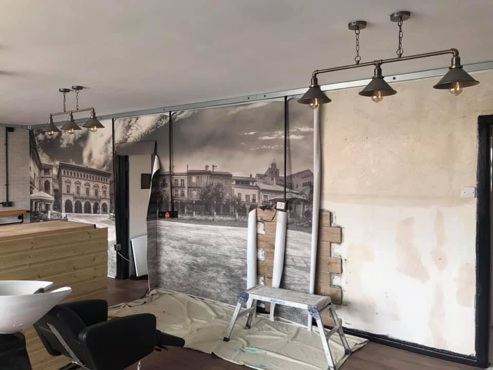 Latest onepiece mural installation  for a new barbers opening in Walton-le-Dale. The two doors were detracting from the overall look, so we papered over them too.
Talk to us about how we can transform your office/ workplace spaces to reflect your business.
#WallpaperWednesday