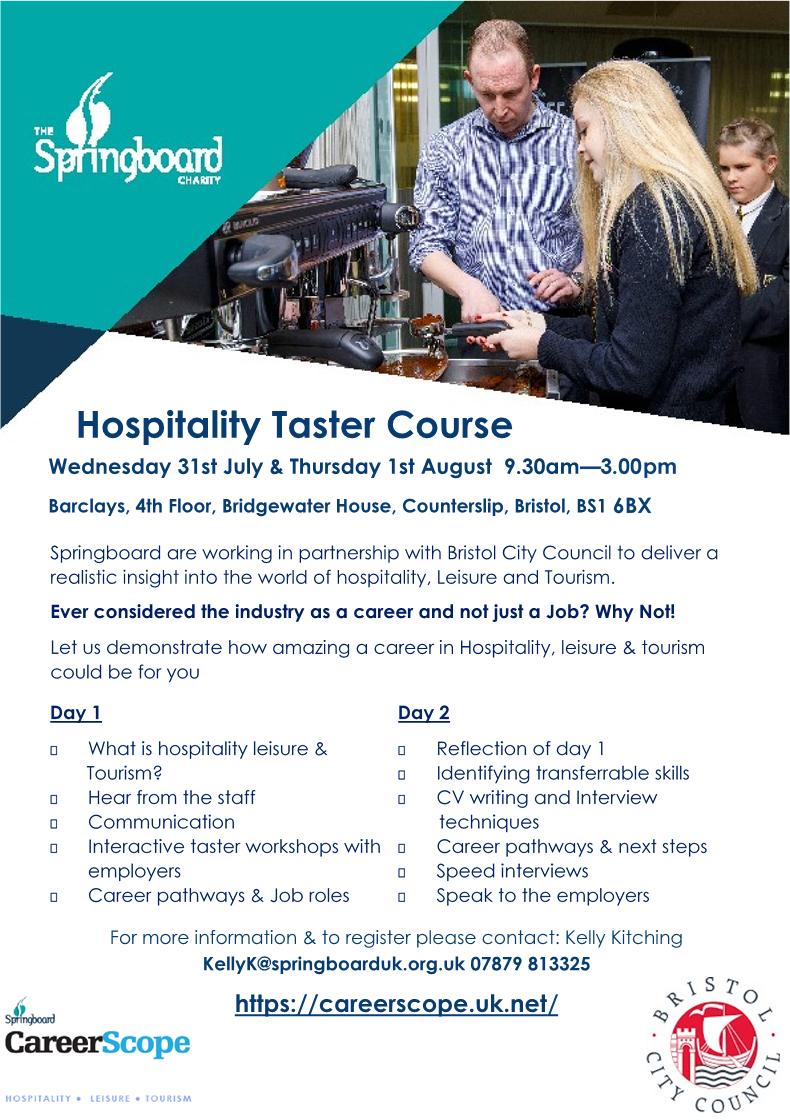 Springboard_SW's tweet image. Hospitality Taster Course in Bristol 31st July and 1st August

Employers support needed
