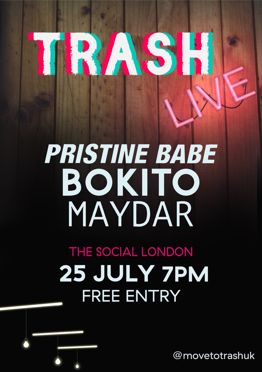trackbytrackuk's tweet image. CHUFFED to announce the full line up for our next #TRASHLive night at @thesociallondon, featuring @babe_pristine, @Bokitoband &amp;amp; Maydar. Sign up for your FREE spot here: trashlive.splashthat.com (And keep your eyes on TRASH for features with all 3 acts.)