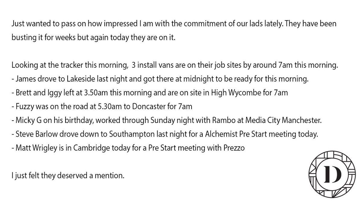 Dawnvale's tweet photo. Excellent email from the operations director today regarding the hard work from the projects team recently.
Great work guys, it's always motivating to hear that your co-workers are doing well and going the extra mile.
#Teamwork #Team #Projects #Feedback #DesignAndFit #FitOut https://t.co/g60b7BMn1W