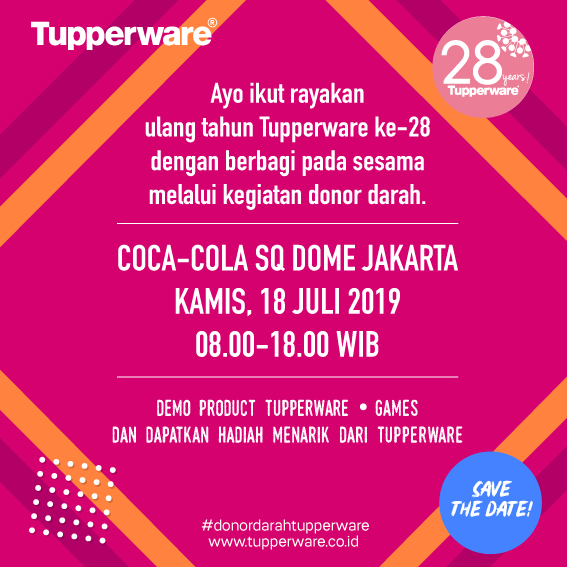 tupperwareID's tweet photo. Dalam rangka ulang tahun Tupperware Indonesia ke-28, donor darah nasional bertajuk #ADropForHopes hadir serentak di seluruh Indonesia
Jadwal lebih lengkap kunjungi link berikut ini https://t.co/S0MUVaDd9n, jangan sampai terlewat ya! #DonorDarahTupperware https://t.co/E3zGzZIpae