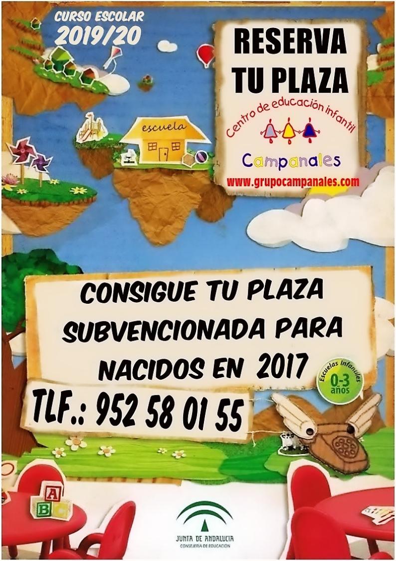 CEICampanales's tweet photo. ÚLTIMAS PLAZAS!! CURSO 19/20

Si todavía no cuentas con plaza en una escuela infantil para el próximo curso 19/20, SOLICITA YA tu plaza en el CEI Campanales para niños/as nacidos en 2017.
#escuelainfantil #nuevocurso #vueltaalcole #mijas #fuengirola #guarderia #escueladeverano https://t.co/Ug7h2NPGi6