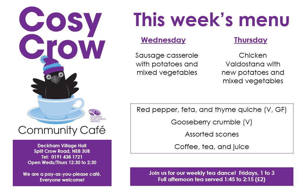 GatesheadOPA's tweet photo. Today's Cosy Crow menu! See you from 12:30. :) #gateshead #deckham #lunch #paywhatyoucan https://t.co/8F7oE9Z3UA