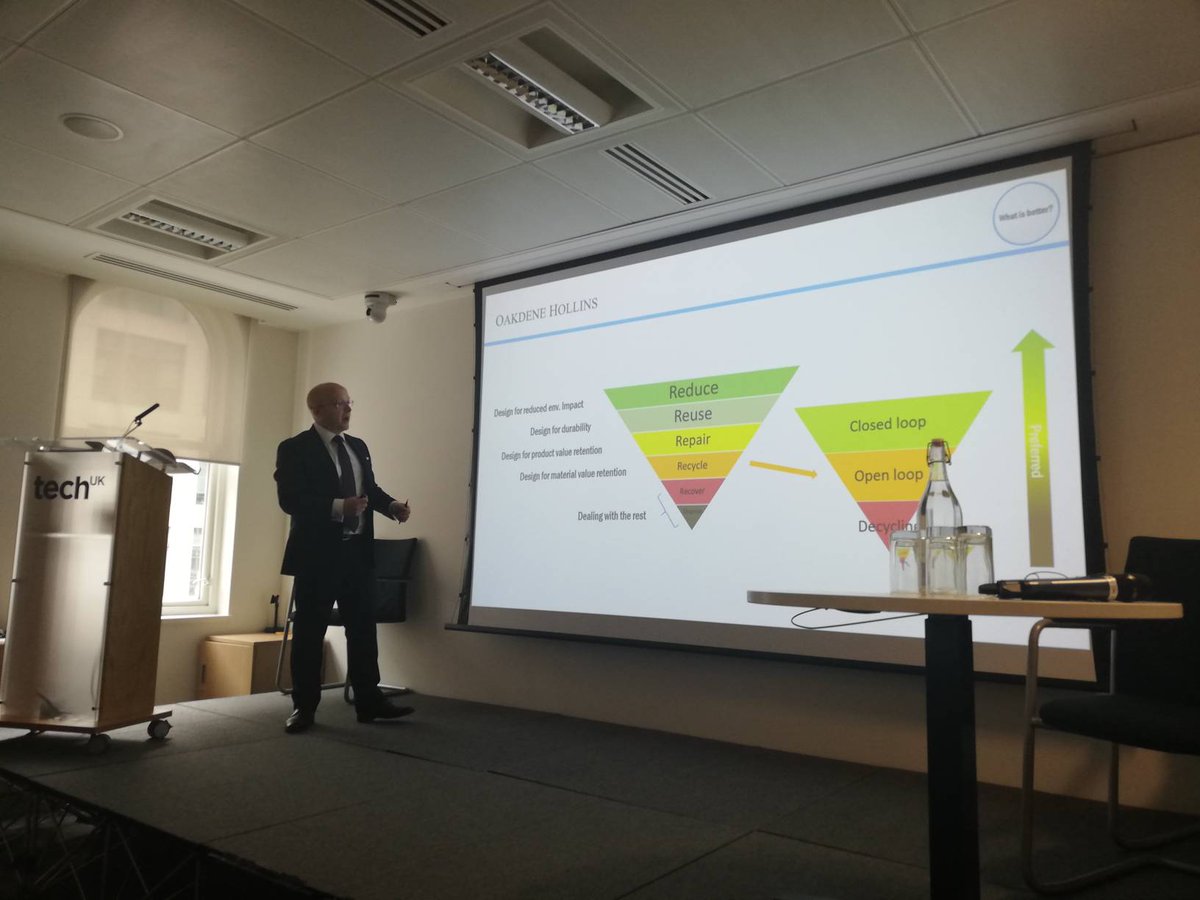 Owain from <a href="/OakdeneHollins/">Oakdene Hollins</a> presenting on approaching material choice - is a plastic right to use if the recycling process is not sustainable ? Great case study on how an electronics firm looked at whole route map for their components &amp; products &amp; became recyclable as a result…