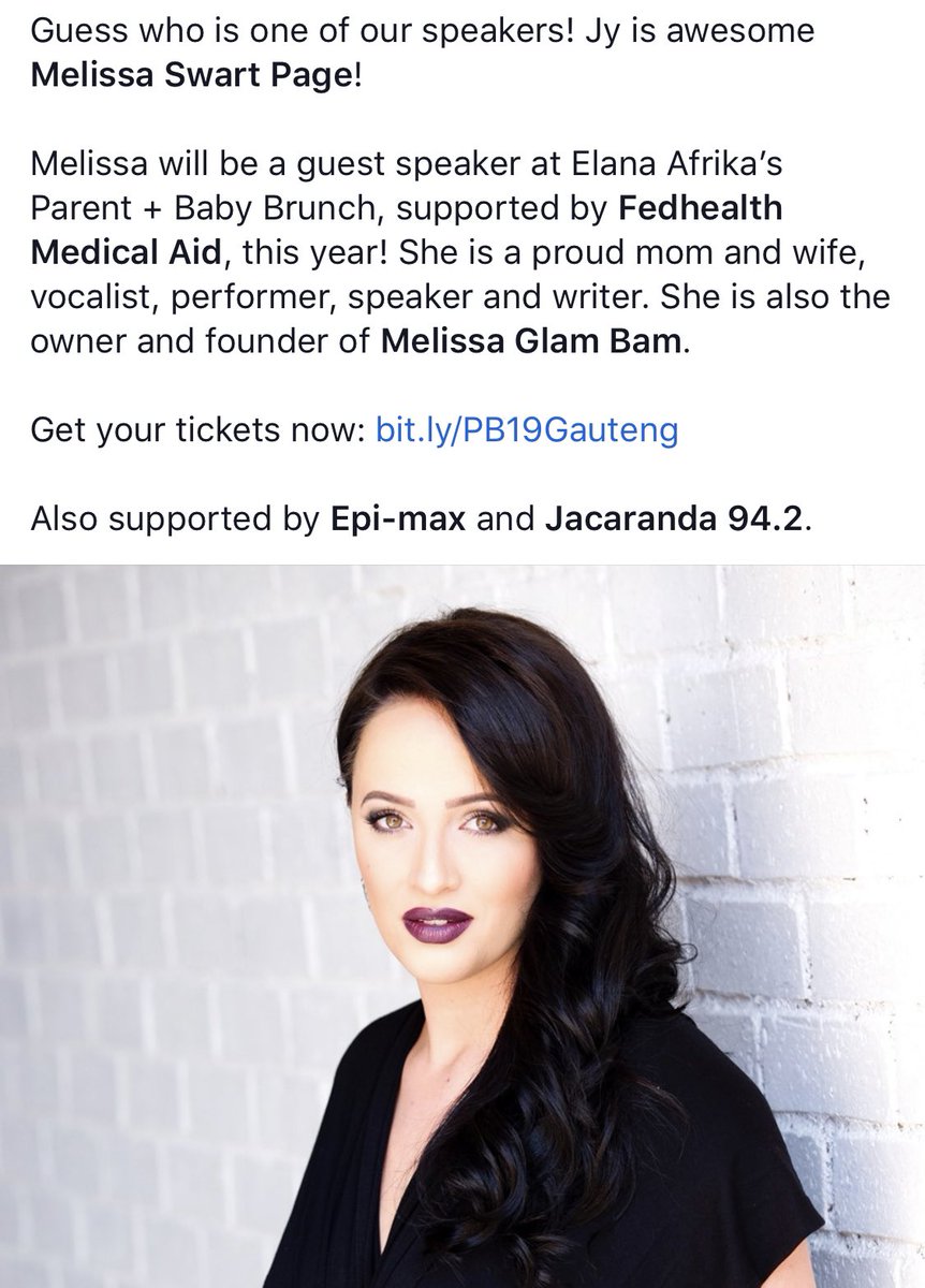 Guess who is one of our speakers at Elana Afrika’s Parent + Baby Brunch, supported by <a href="/FedhealthMed/">Fedhealth</a>! Jy is awesome <a href="/melissaswart_/">melissa swart</a>! 

Get your tickets now from <a href="/webticketsSA/">webtickets.co.za</a>: bit.ly/PB19Gauteng

Also supported by #EpiMax and <a href="/jacarandafm/">Jacaranda FM</a>.