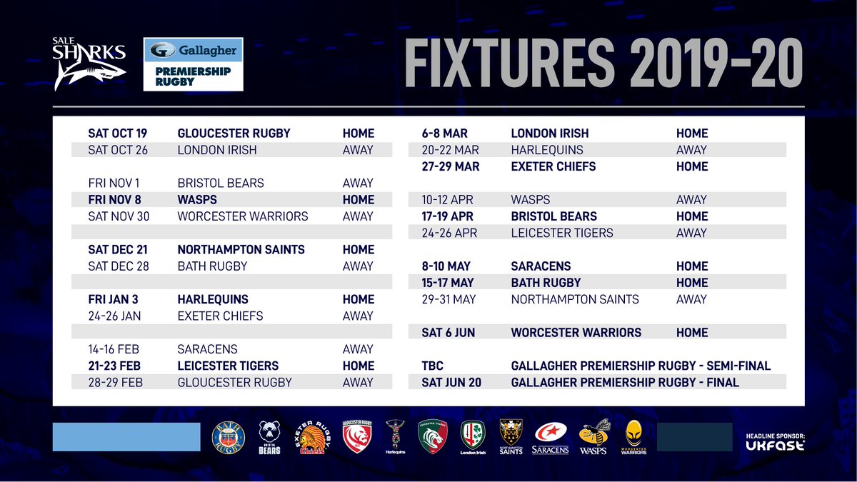 Sale Sharks 2019/20 Premiership fixtures Ultimate Rugby Players, News