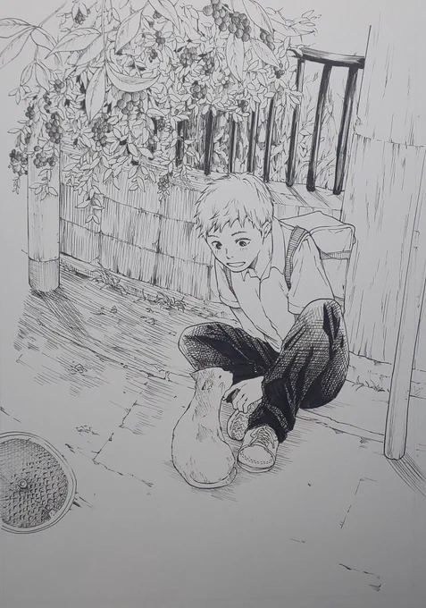 ネームばかりしていますが、悩むのは楽しいです。
それから久しぶりにモノクロの練習をしましたが。今考えてる企画とは全く関係ない絵です。 