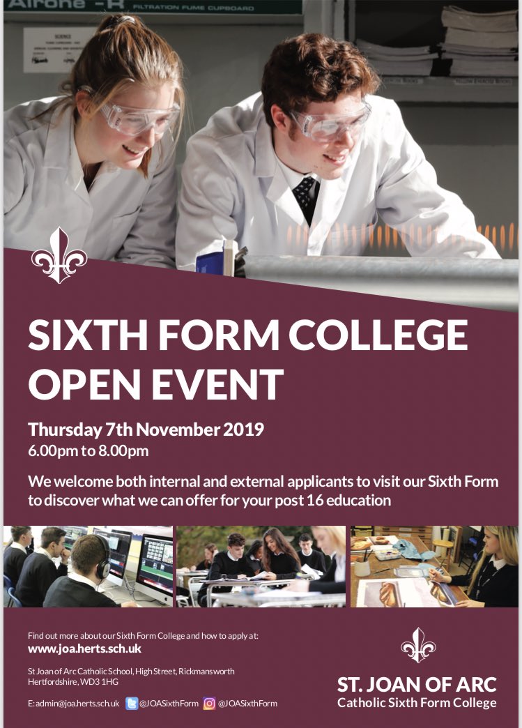JOASixthForm's tweet image. 📆| OPEN EVENING: This year’s Sixth Form Open Evening will take place between 18:00 and 20:00 on Thursday 7th November 2019. All prospective students are welcome to attend! #SixthForm #OpenEvening #Post16 #BTec #CTec #ALevel #ALevels #College #Level3 #Education #6thForm