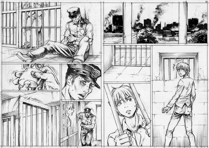 彼女が登場するまでの下描き終了。画像は一部で実際は5ページもかかってしまった…やっとパースのついた鉄格子から開放される(白目)。 