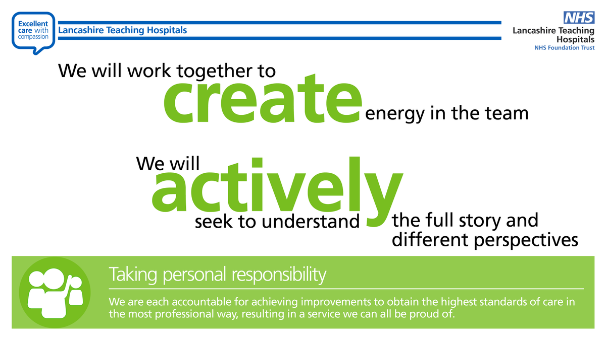LancsHospitals's tweet image. We are each accountable for achieving improvements to obtain the highest standards of care in the most professional way. By Taking Personal Responsibility we strive to be the best and to hold others to account in a positive supportive manner. #ValuesWeek #livingthevalues
