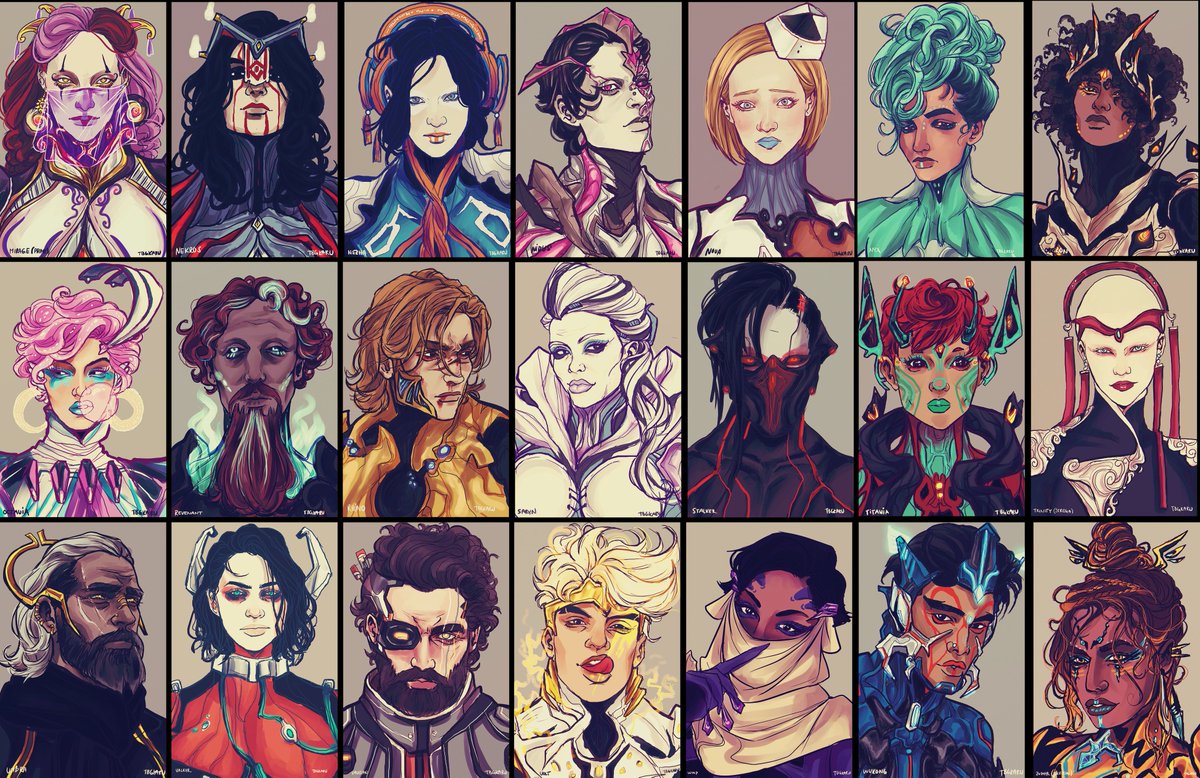 tbgkaru's tweet image. polished set of humanframes as shown on Tennocon 🙏 all released frames (+stalker) until July 2019! stay tuned for a set of fan "origin" comics for each humanframe shown bellow ✌️#Warframe
(right click and open in new tab for a full size)