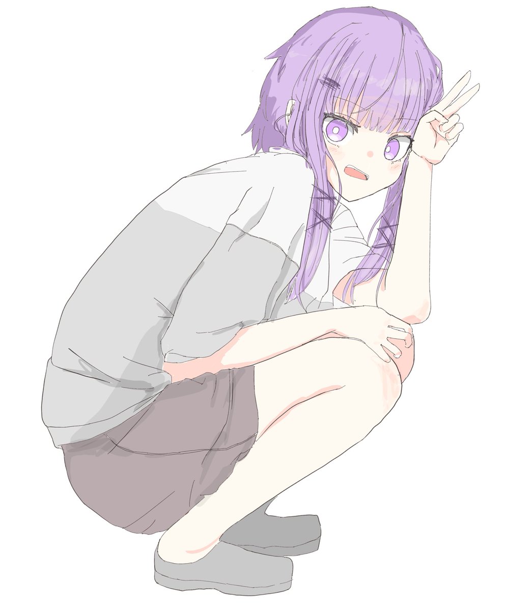 yuzuki yukari 1girl solo purple hair purple eyes squatting white background shirt  illustration images