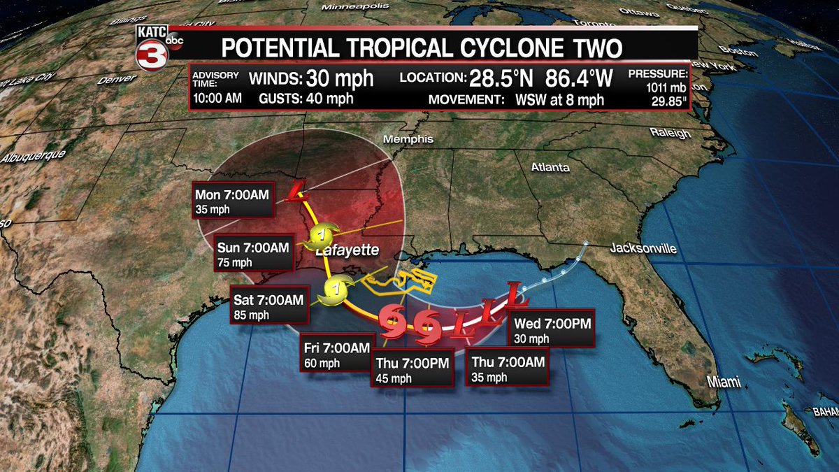 DaveBakerTV's tweet photo. BREAKING! Potential Tropical Cyclone #2 advisories are being issued. The forecast calls for a hurricane at landfall Saturday. A Tropical Storm WATCH and Storm Surge WATCH has been issued from Morgan City eastward. Additional watches and warnings are expected later today. https://t.co/9x6JvbJi7H