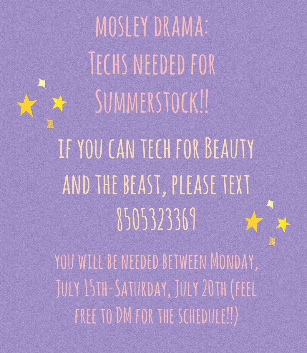 MosleyDrama's tweet photo. Summer stock’s production of beauty and the best jr. needs techs for next week’s show! Please contact taws if you can help https://t.co/f5Jgs8iCeu