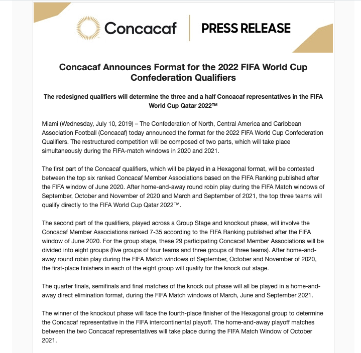 Concacaf Announces Revised 2022 FIFA World Cup Qualifying Schedule