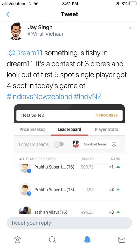 karan_narang's tweet photo. @89_Shivam @Viral_Vichaar @Dream11 I was also of same opinion as yours, but today it cannot be the height of coincidence .. Another guy @Viral_Vichaar reported about the same guy winning in another contest..#shame #deleteDream11 https://t.co/0gkBmXNWzQ