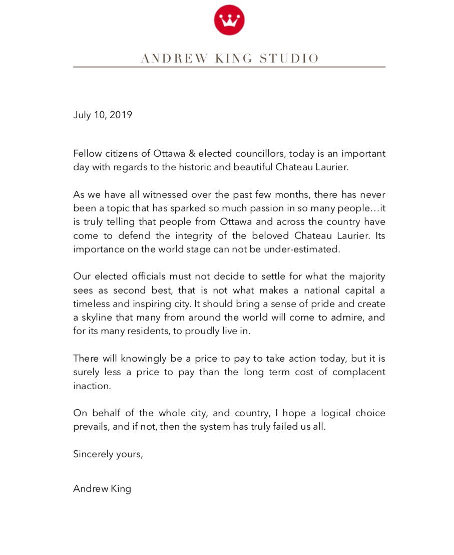 twitandrewking's tweet image. My thanks for everyone’s support over the last few weeks regarding my sketches and views on the Chateau Laurier. 

I am on the road to an art show, but please find attached a final letter of thought regarding today’s decision on the crown jewel of this city. 

Best regards, 

AK