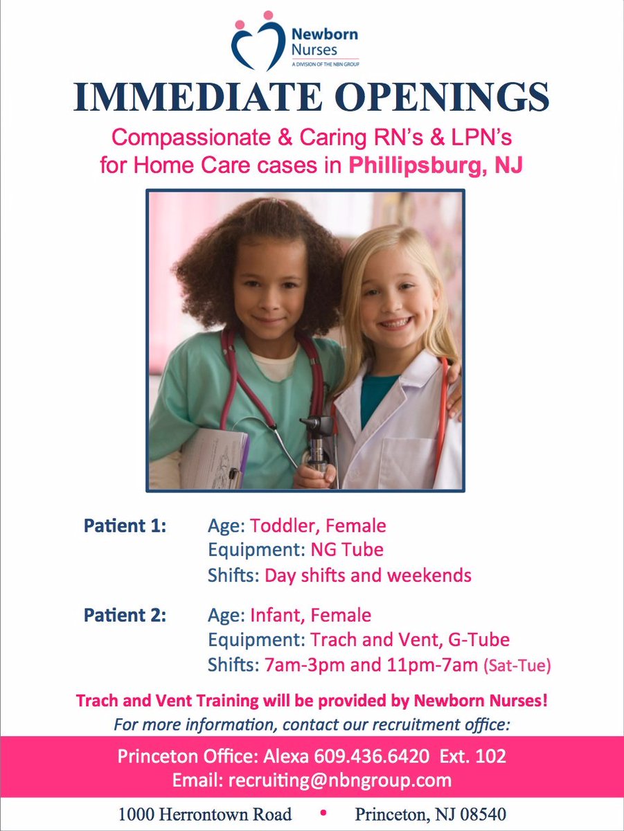 newbornnurses's tweet photo. We are currently hiring nurses for home care cases in Phillipsburg, NJ. If you are an RN or LPN and interested in applying please Call Alexa at (609) 436-6420 ext. 102. Check out the attached flyer for more information!
#nurses #nursejob #careers #nursecareers #homecare #nursing https://t.co/Ui1RuIWm3k