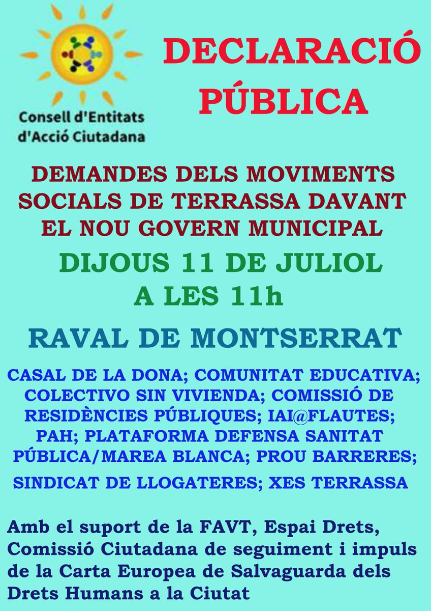 RODA DE PREMSA DELS MOVIMENTS SOCIALS DE TERRASSA, organitzada pel <a href="/conselltrs/">Consell Entitats TRS</a> , el dijous 11 de juliol a les 11 del matí en el Raval de Montserrat, en la què és farà una DECLARACIÓ PÚBLICA  DE DEMANDES AL GOVERN MUNICIPAL