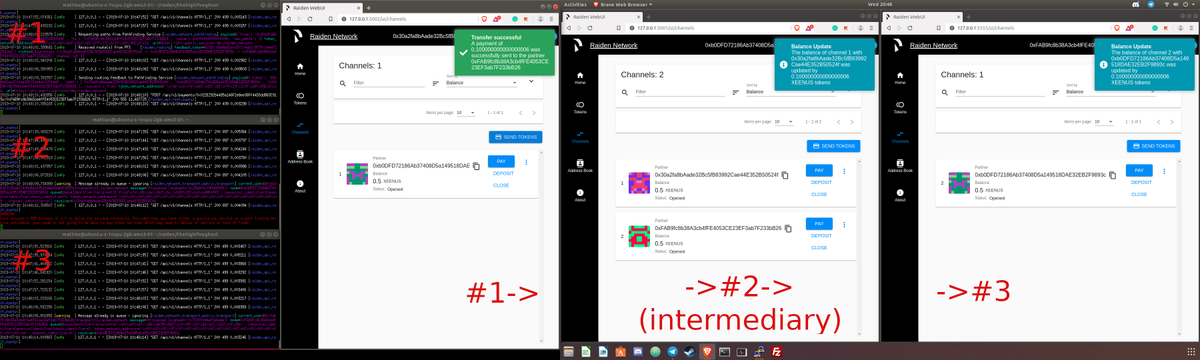 On Ethereum's #Goerli testnet trying <a href="/raiden_network/">Raiden Network</a> with a Pathfinding Service (PFS) for the first time. ERC20 token payments from node #1 to #3, through an intermediary node, going⚡️fast!