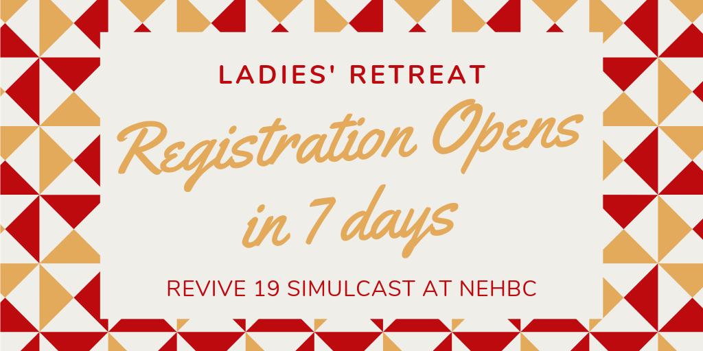 NEHBCwomen's tweet photo. Registration for Revive '19 - a ladies retreat simulcast at NEHBC, begins in just 7 days. $20 includes meals
.
July 17 https://t.co/9xmyLaI5rG
.
#revive19 #seekinghim #women #retreat #nehbc https://t.co/duc12uvJ1u