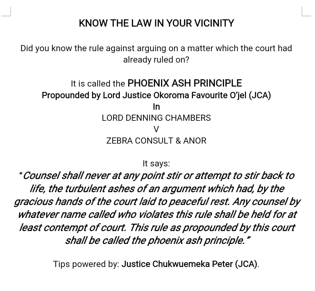 UNSBA_UNEC's tweet photo. "Counsel shall never at any point stir or attempt to stir back to life, the turbulent ashes of an argument which had, by the gracious hands of the court laid to peaceful rest..."
- Per Okoroma O'jel, JCA in Lord Denning Chambers v. Zebra Consult and Justice Oputa Chambers #UNSBA https://t.co/IqUCnPazlQ