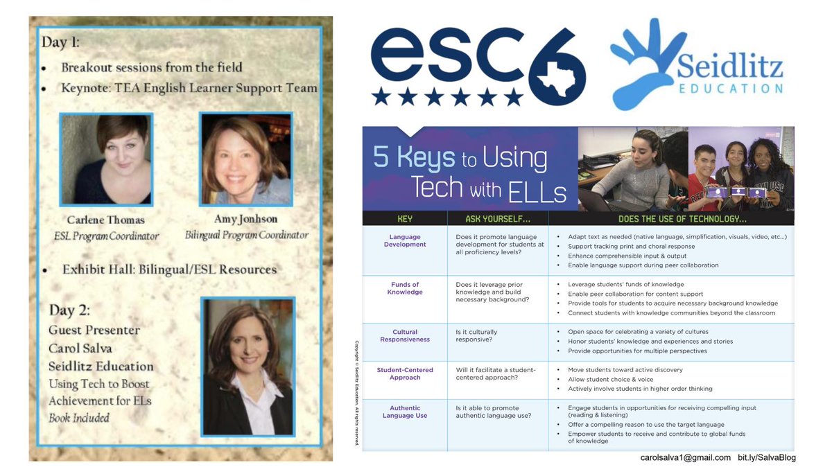 DrCarolSalva's tweet photo. How should we be using #Tech4ELs?
Hint: It's waaaaay more than language development.

120 educators/administrators in @escregion6 are in for a treat today!  I'm excited to deliver Using Tech with #ELLs.
#ellchat #UsingTech https://t.co/ldYULgRrAk