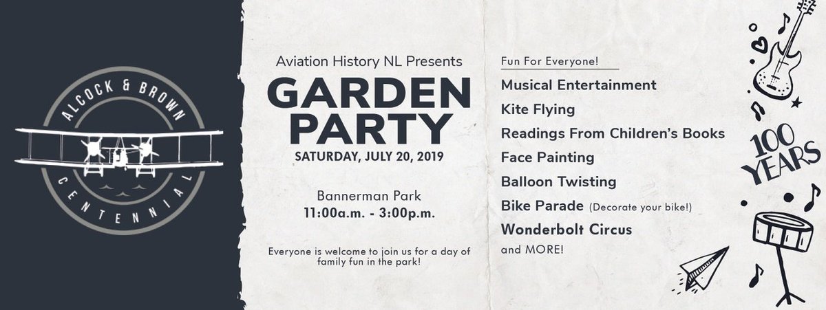 AviationHistNL's tweet photo. Aviation History NL presents the garden party in Bannerman Park! Join us Saturday, July 20, 2019 for a day of family fun with music, bike riding, kite flying, @TheWonderbolt and more! See you there ✈️ 🤹 🎤 ☀️ https://t.co/oAz2XoLYRx