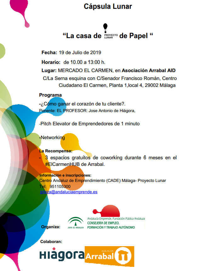 JonPlazaPerez's tweet photo. Este 19 de Julio no te puedes perder la #cápsula #Lunar  del @cademalaga  #Lacasaproyectolunardepapel  con @Hiagora_EV, donde habrá  #PitchElevator, #Ventas y mucho más @aemprende. La recompensa, 3 espacios #coworking de @ArrabalAID del #ElCarmenHUB y #networking, #emprendedor https://t.co/OQ3LjwL9oz