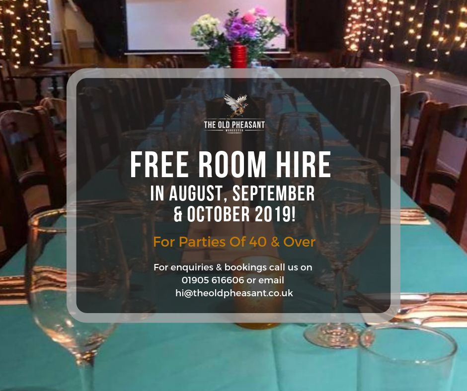 We've extended our 'Free Room Hire' for the months of August, September and October for bookings of 40 and over in our Function Rooms!🍾🎉 #WorcestershireHour