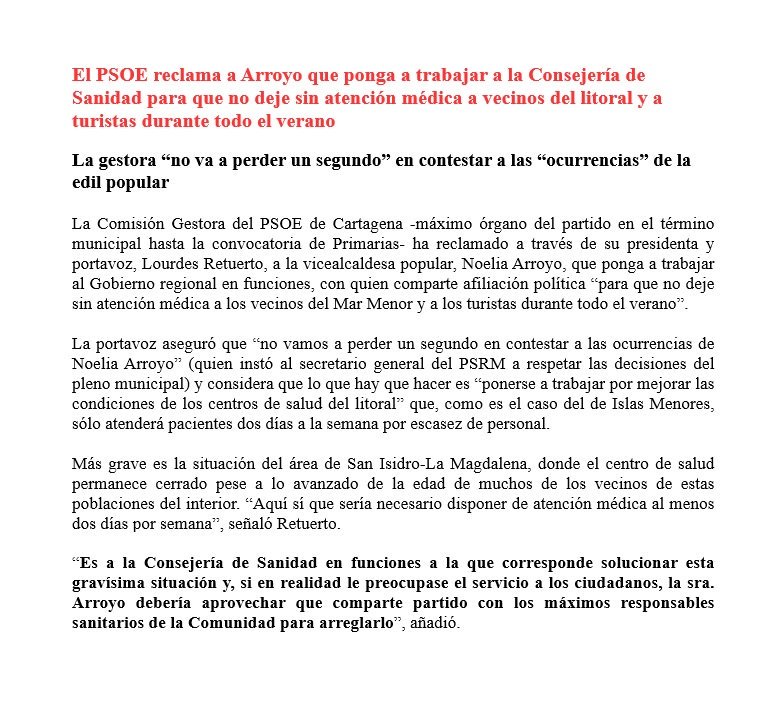 El PSOE reclama a Arroyo que ponga a trabajar a la Consejería de Sanidad para que no deje sin atención médica a vecinos del litoral y a turistas durante todo el verano.

La gestora “no va a perder un segundo” en contestar a las “ocurrencias” de la edil popular.