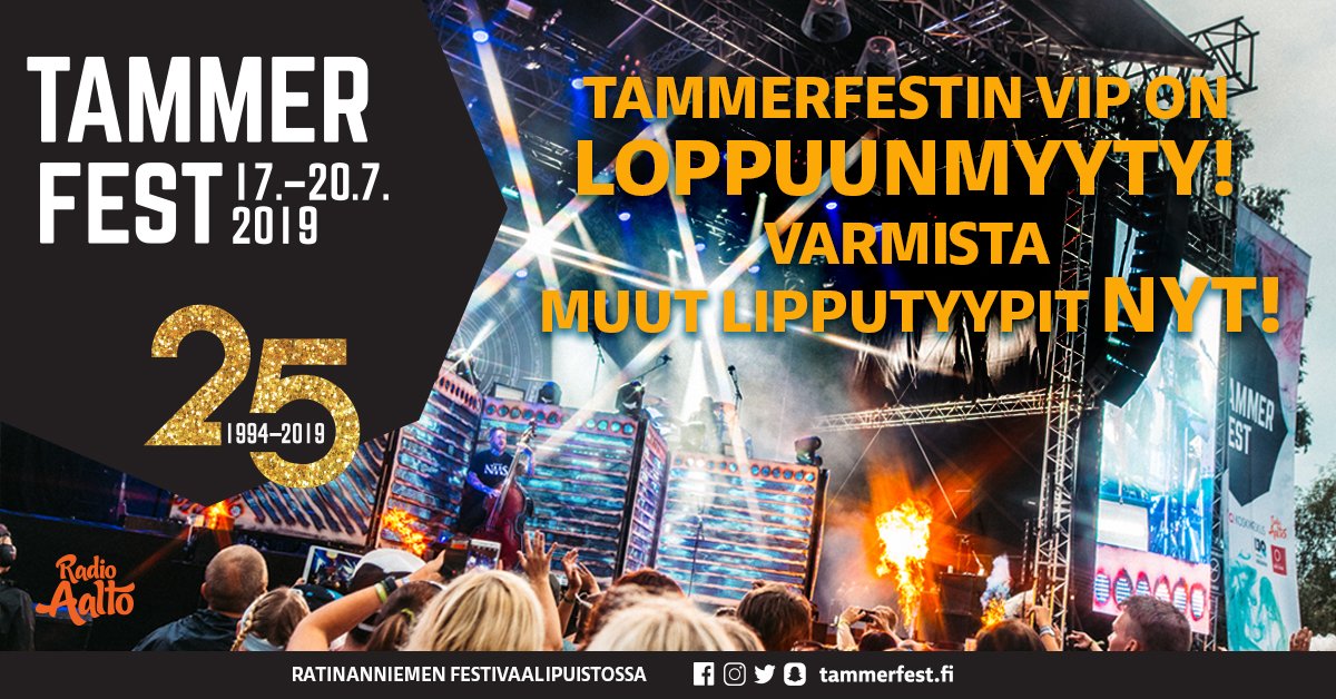 TAMMERFESTIN JUHLAVUODEN VIP ON LOPPUUNMYYTY - OSTA MUUT LIPPUTYYPIT NYT, jos haluat varmistaa pääsyn tapahtumaan 🔥‼️
Liput myy @TIKETTIofficial ja <a href="/lippu_fi/">lippu.fi</a> 🥳 #tammerfest #tammerfest25v <a href="/VisitTampere/">Visit Tampere</a>