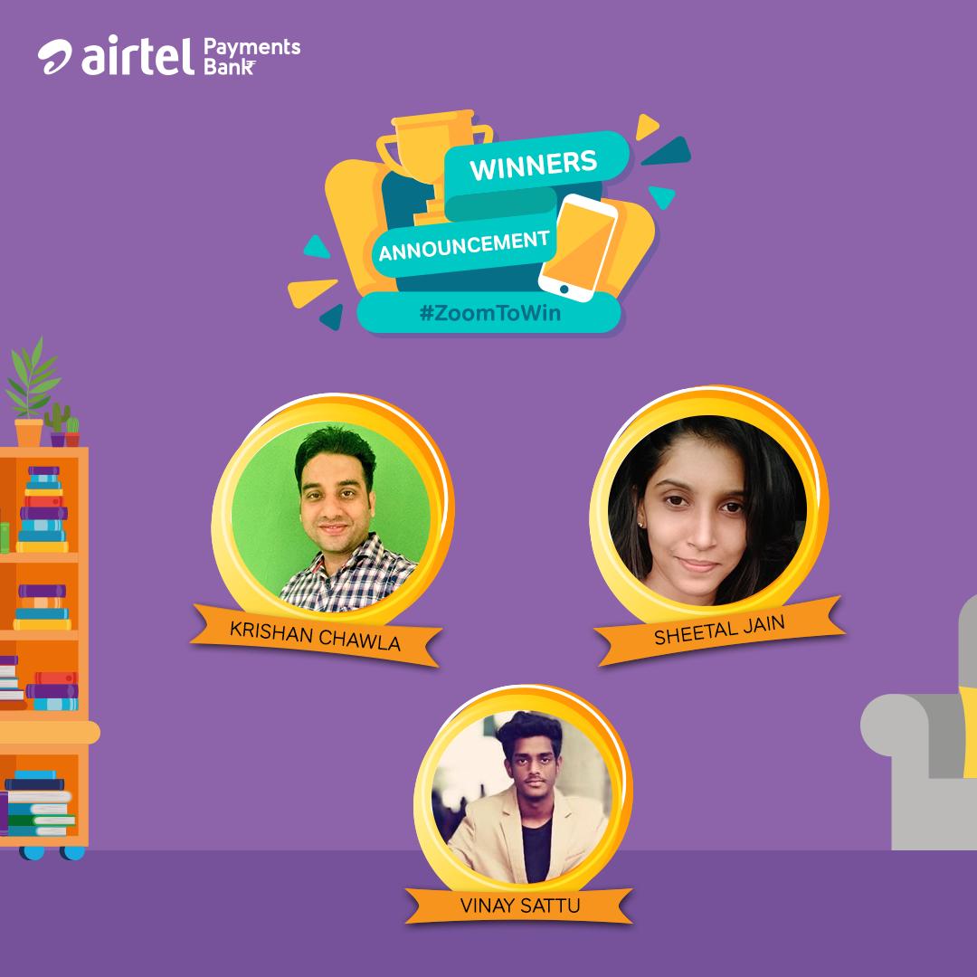 airtelbank's tweet photo. Many congratulations to all the #ZoomToWin Contest Winners. We will DM the Amazon vouchers worth Rs.1500 to you soon.

Thank you for making this contest a success. There's more coming up, so come back soon.
#AirtelPaymentsBank https://t.co/lCqIINT9WT