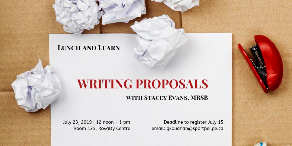 Lunch and Learn on July 23. Topic - Writing Proposals with Stacey Evans from <a href="/MRSB_Group/">MRSB Group</a> .  Deadline to register July 15.  <a href="/BaseballPEI1/">⚾Baseball PEI⚾</a> <a href="/peicurling/">PEICurling.com</a> <a href="/footballpei/">Football PEI</a> <a href="/PEIRugbyUnion/">PEI Rugby Union</a> <a href="/cyclingpei/">Cycling PEI</a> <a href="/RingettePEI/">Ringette PEI</a> <a href="/ParaSportPEI/">ParaSport PEI</a> <a href="/peisoccerassoc/">PEI Soccer</a>