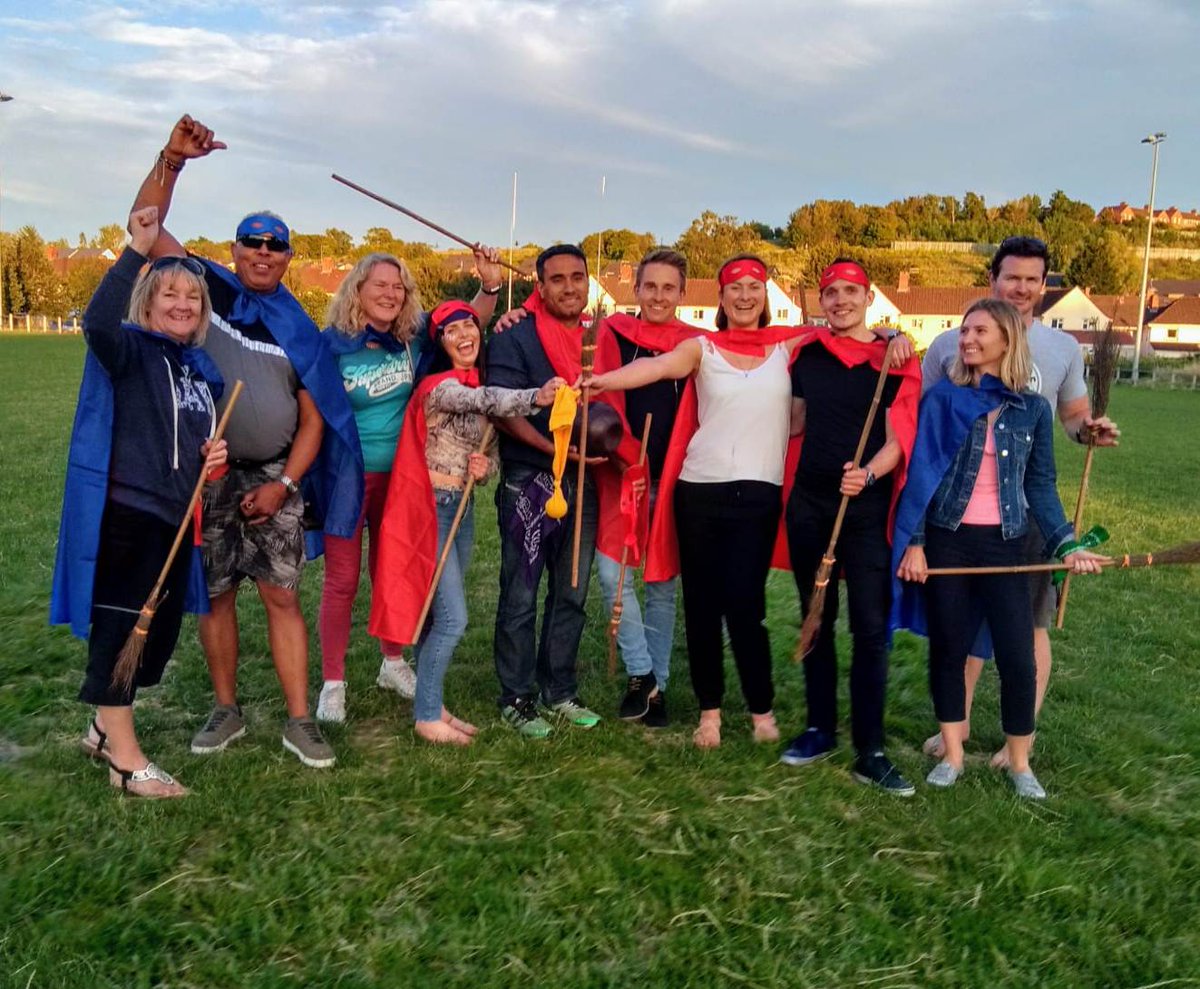 ACFTeambuilding's tweet photo. It was the perfect day at @BroadplainRFC for a game of Quidditch. Complete with wizard capes and broom sticks! #teambuildingbristol https://t.co/tTlFomACOA