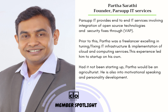 cloworknow's tweet photo. Meet Partha Sarathi, Founder of Parsupp IT services.
Partha Sarathi is also a motivational speaker and trains students on personality development.
We are delighted to have him with us:).
.
.
#clowork #cloworknow #memberspotlight https://t.co/RGzCdOkoCs