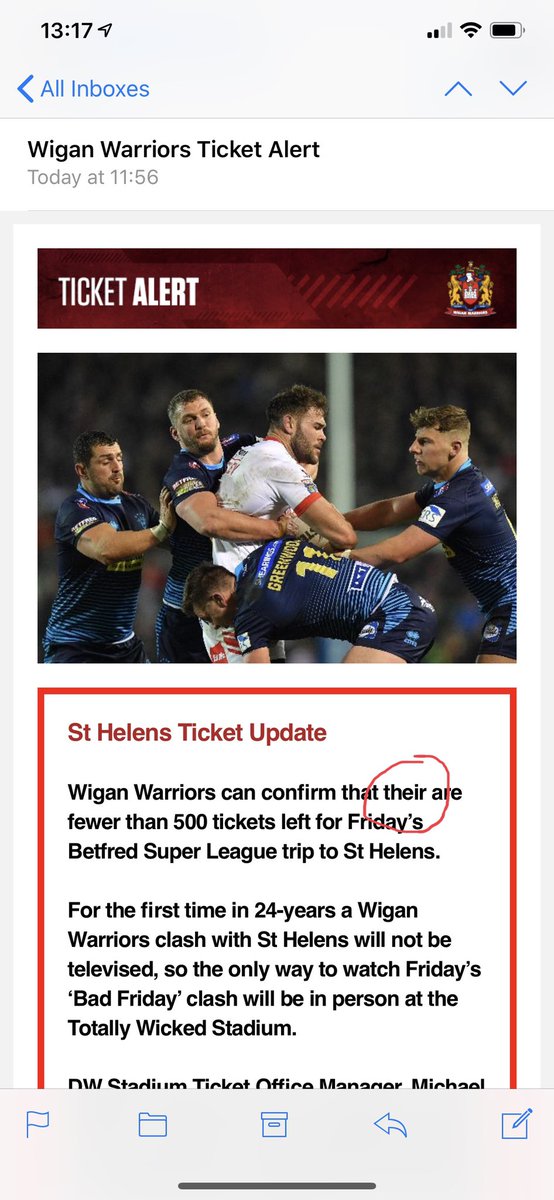 Snowmunkie's tweet photo. @WiganWarriorsRL  grammatical errors on your email shots tut tut https://t.co/p3jixUbJeA