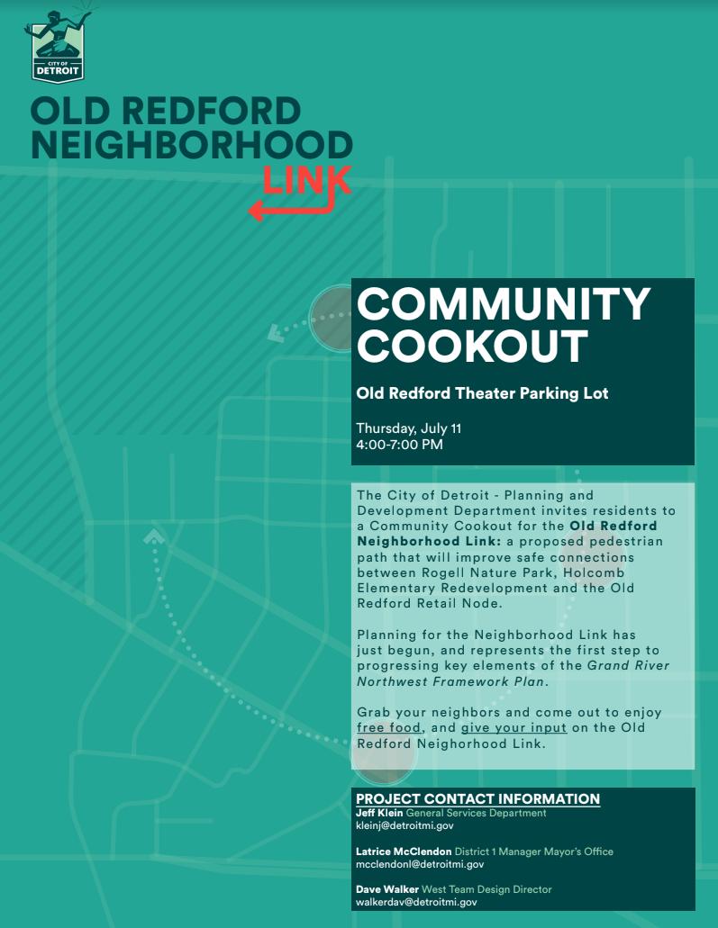 DetroitGreenway's tweet photo. Community Cookout for Old Redford residents to discuss proposed pedestrian path this Thursday from 4-7pm https://t.co/0NiLB6Ebuv