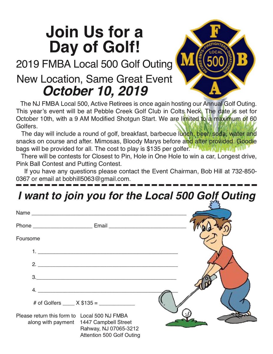 FMBALocal500's tweet photo. Join us for a round of Golf on October 10 2019 @Pebble_Creek_GC in Colts Neck

For info contact Bob at (732) 850-0367 bobhill5063@gmail.com

#fmbalocal500 #njfmba #firefighters #ems #dispatchers #retirees #golf #njgolf #hittingthelinks #pebblecreekgolfclub #nj #holeinone #winacar https://t.co/oFiqPOdjib